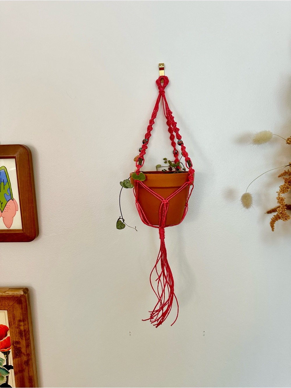 Tiny Hot Pink Plant Hanger with Beads